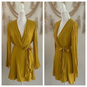Reformation golden yellow mini wrap dress long sleeve chiffon Porter Saffron L